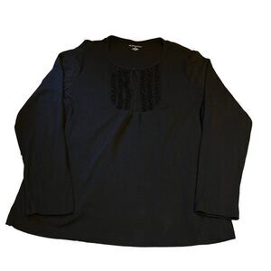 Kim Rogers 1X Top Long Sleeve Black Blouse Ruffle Neck Collar Tshirt Shirt